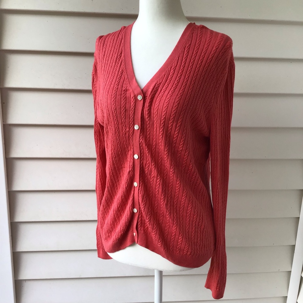 Brooks Brothers Silk Cashmere Coral V-Neck Cardigan Womens Large Cable Knit